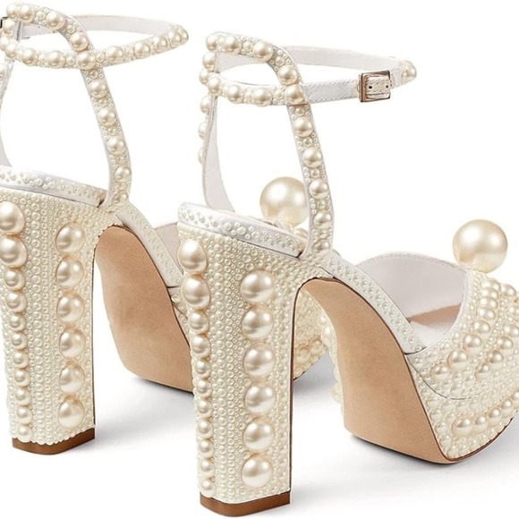 Goolita White Pearl Embellished Open Toe Heels - Picture 4 of 17